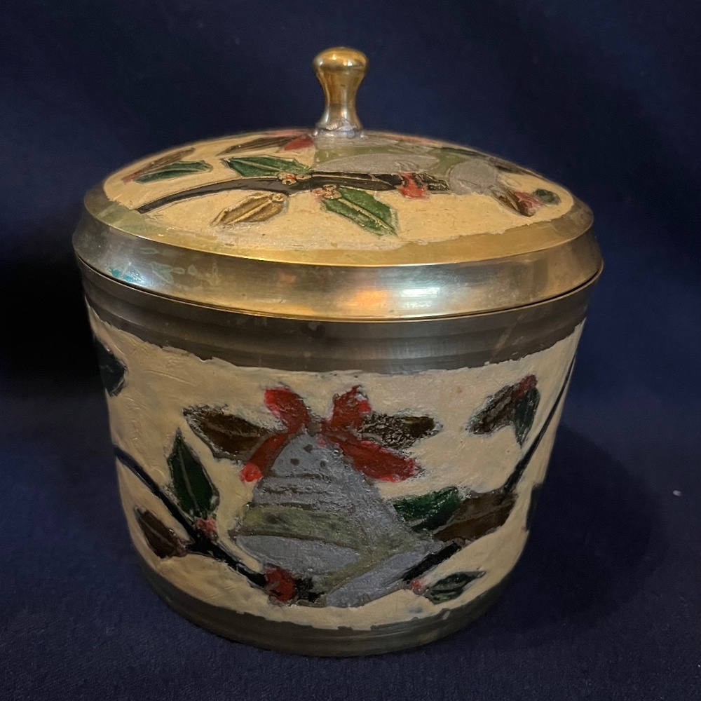 Vintage Christmas Cloisonné  Brass  Dish Canister Jar Holly And Bells